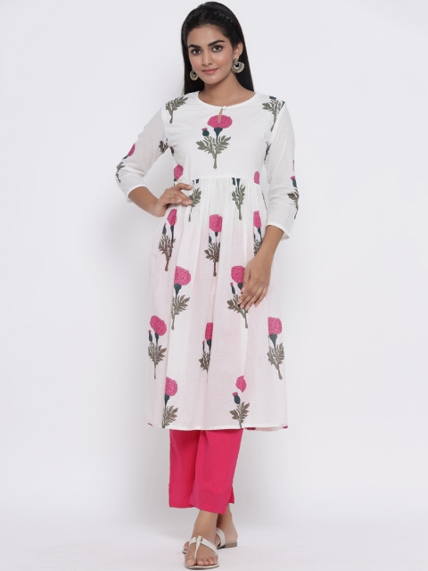 

Fabriko Women White & Pink Printed Kurta with Trousers