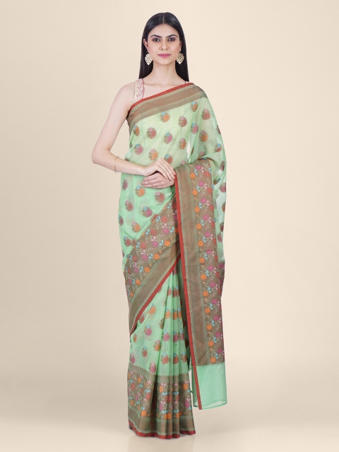 

Shruti and Mangaaysh Green & Orange Silk Blend Woven Design Banarasi Saree