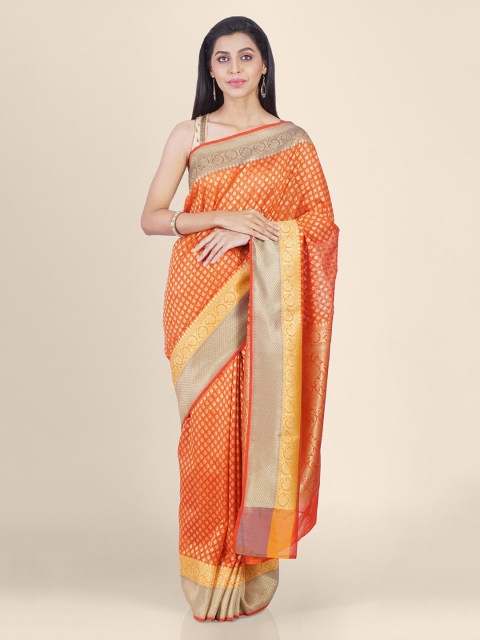 

Shruti and Mangaaysh Orange Silk Blend Printed Handloom Banarasi Saree
