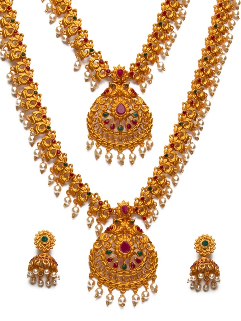 

Alankruthi Gold-Plated Pink & Green Stone-Studded Textured Temple Jewellery Set