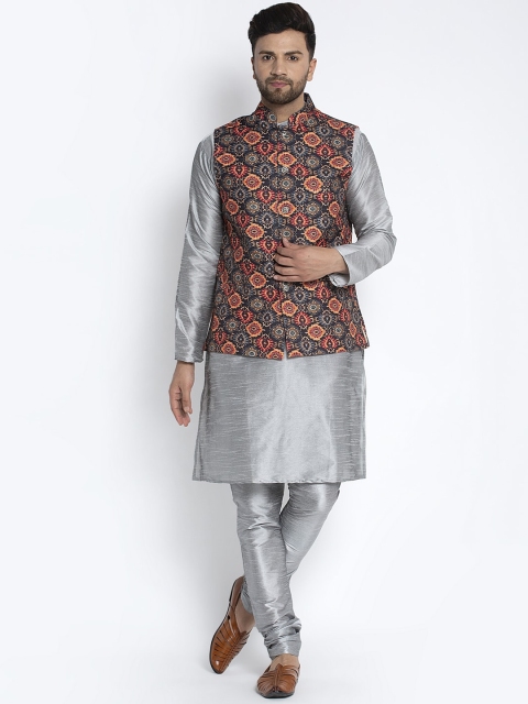 Benstoke Men Grey Solid Kurta Set with Nehru Jacket