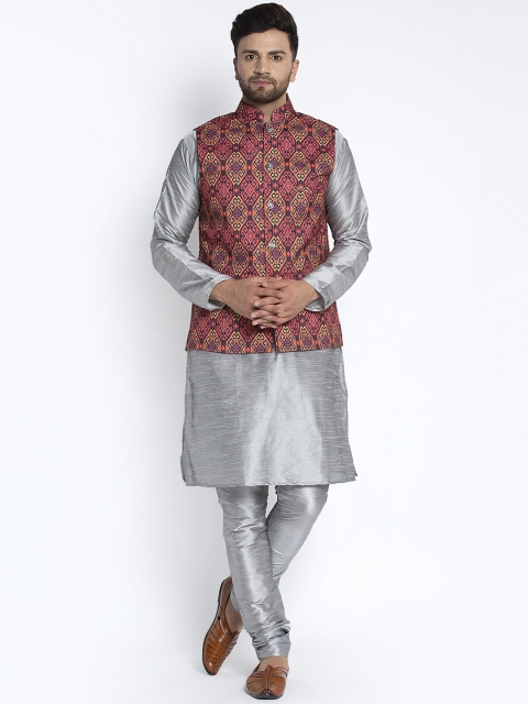 

Benstoke Men Grey & Maroon Solid Kurta with Pyjamas & Nehru Jacket