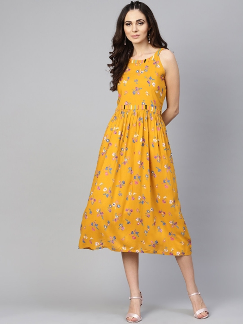 

Tulsattva Women Mustard Yellow Printed A-Line Dress