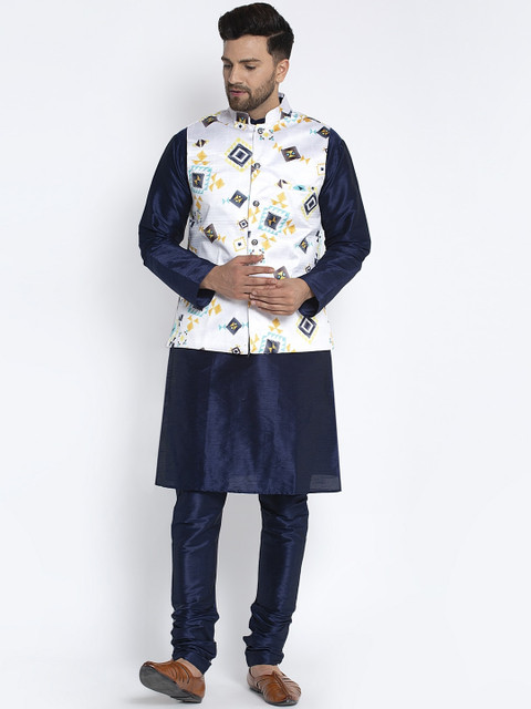 

Benstoke Men Blue Solid Kurta with Churidar & Nehru Jacket