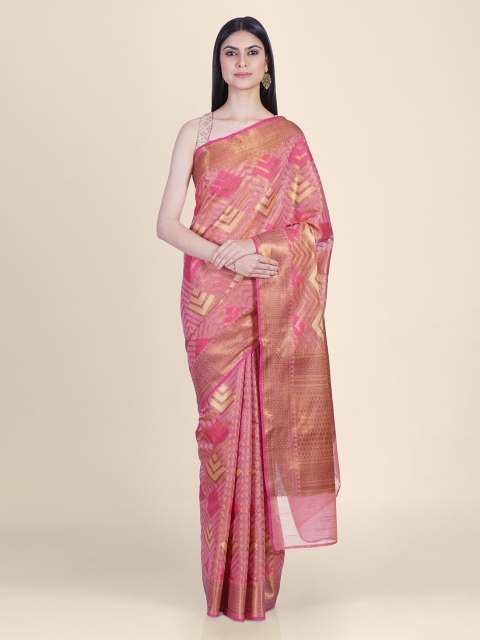 

Shruti and Mangaaysh Pink & Gold-Toned Silk Blend Woven Design Banarasi Handloom Saree