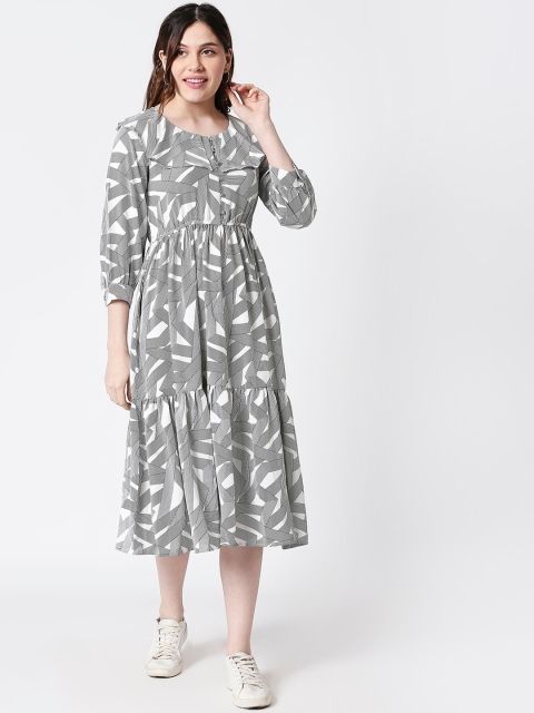 

TERQUOIS Women White & Grey Printed Fit and Flare Dress