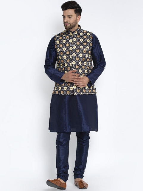 

Benstoke Men Navy Blue & Black Solid Kurta with Churidar & Nehru Jacket