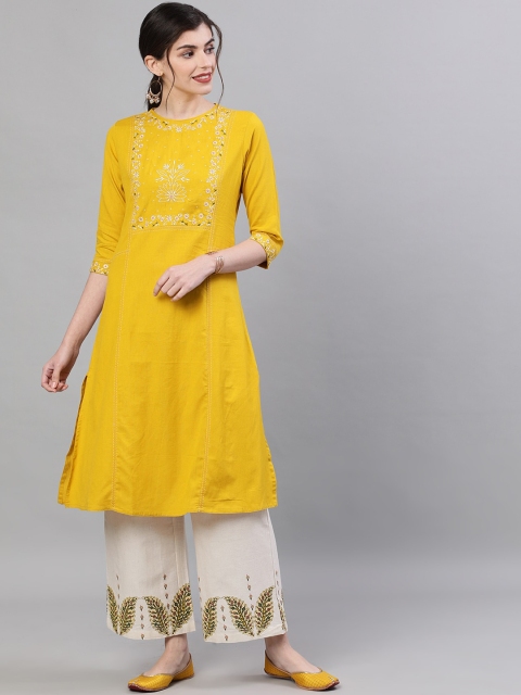 

Ishin Women Mustard & Off-White Embroidered Kurta with Palazzos