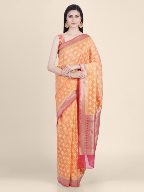 

Shruti and Mangaaysh Orange & Pink Silk Blend Woven Design Banarasi Saree