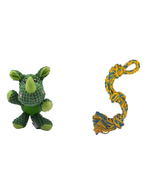 

Poochles Green & Yellow Set Of Rhino Plush & Rope Dog Toys