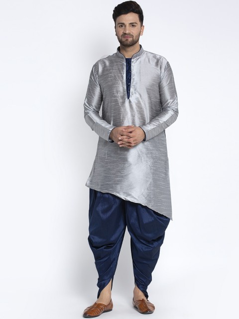 

Benstoke Men Grey & Blue Self Design Kurta with Dhoti Pants