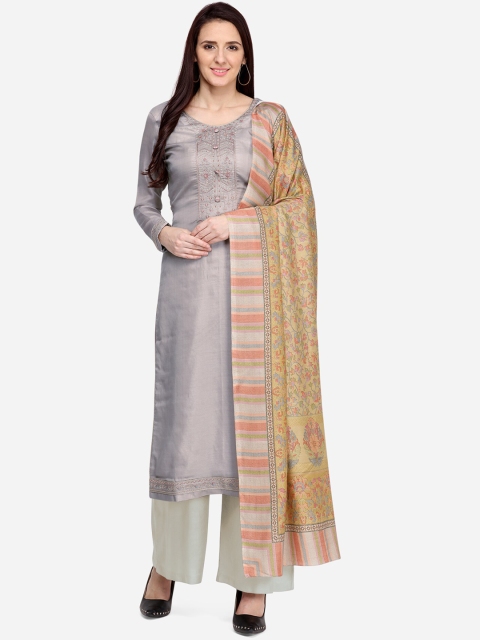 

Stylee LIFESTYLE Grey & Camel Brown Silk Blend Unstitched Dress Material