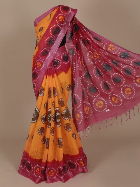 

Pothys Yellow & Red Linen Blend Colourblocked Saree