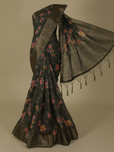 

Pothys Grey & Pink Linen Blend Floral Printed Saree