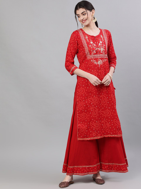 

Ishin DESIGNER STUDIO Women Red Embroidered Kurta with Palazzos