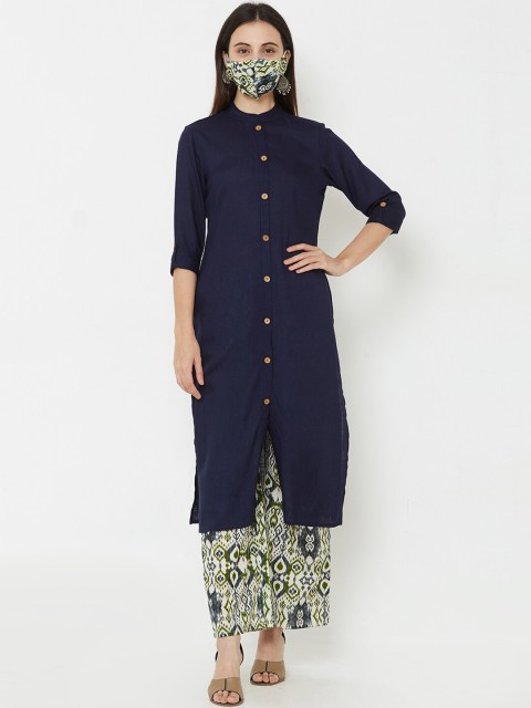 

FASHOR Women Navy Blue Green Solid Kurta with Palazzos