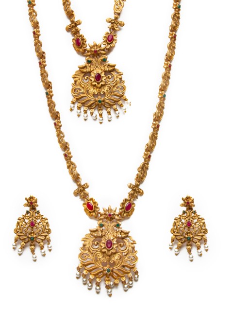 

Alankruthi Gold-plated Pink & Green Stone-Studded Textured Temple Jewellery Set