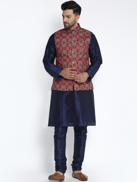 

Benstoke Men Blue & Black Solid Kurta with Pyjamas & Nehru Jacket
