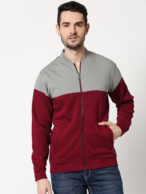 

Bewakoof Men Grey & Red Colourblocked Water Resistant Bomber