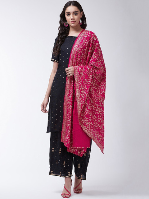 

InWeave Women Black & Magenta Self Design Kurti with Trousers & Dupatta