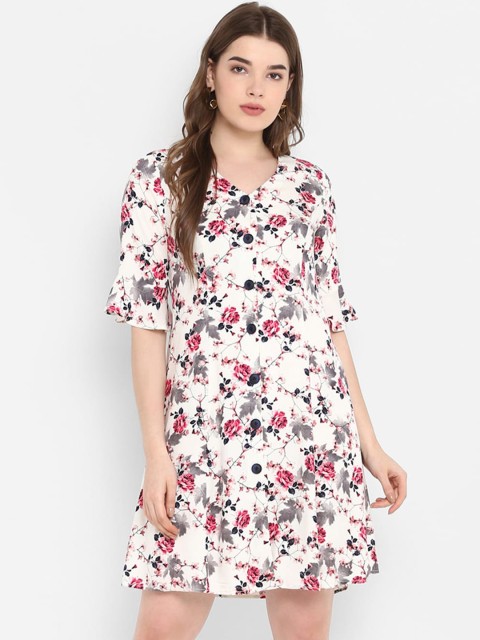 

FOSH Women White Printed Drop-Waist Dress