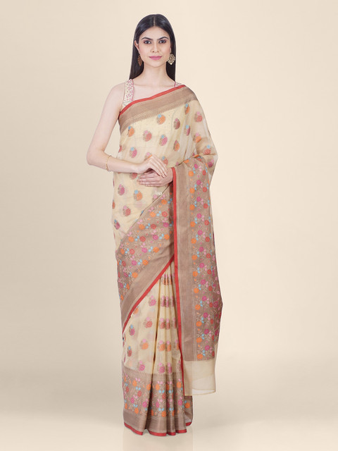 

Shruti and Mangaaysh Off-White & Red Silk Blend Woven Design Banarasi Saree