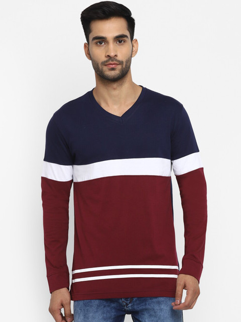 

Routeen Men Navy Blue Colourblocked V-Neck T-shirt