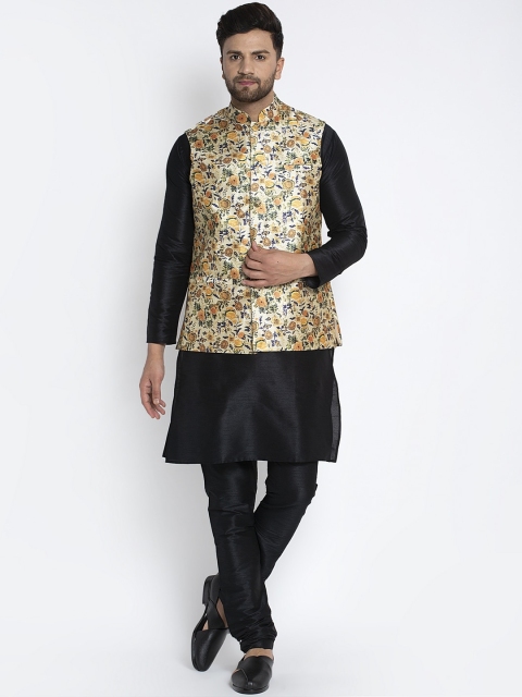 

Benstoke Men Black & Gold-Toned Solid Kurta with Churidar & Nehru Jacket