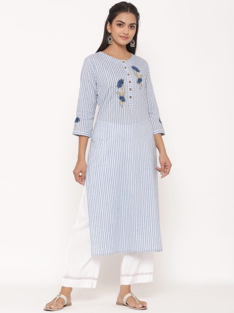 

fabGLOBAL Women Blue & White Striped Kurta with Palazzos