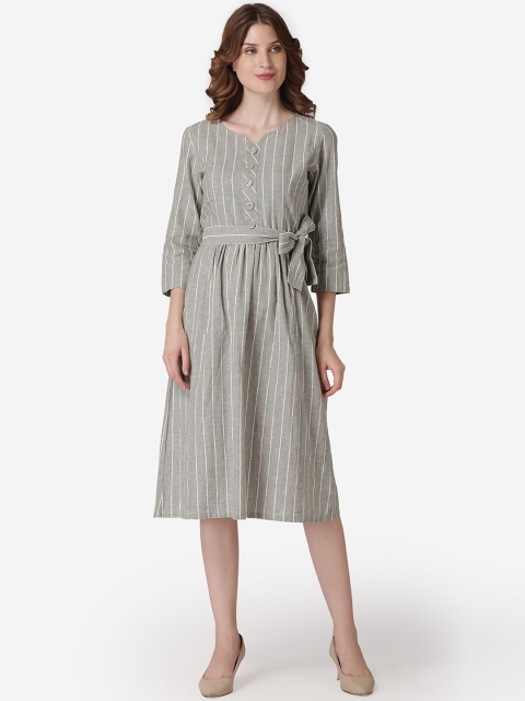 

LABEL REGALIA Women Green Striped Fit and Flare Dress
