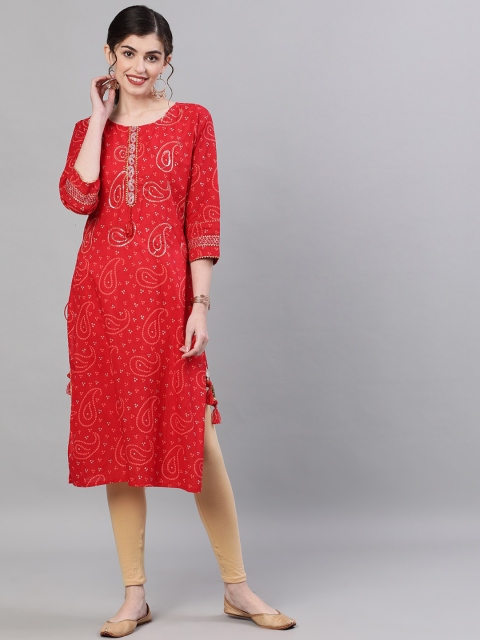

Ishin DESIGNER STUDIO Women Red Printed Straight Kurta
