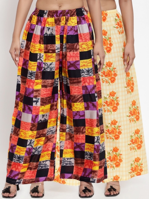 NEUDIS Women Pack of 2 Printed Wide Leg Palazzos, Multi