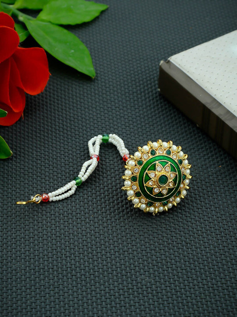 

Imittire Gold-Plated Green & White Stone Studded Rajputi Borla Enamelled Maang Tikka