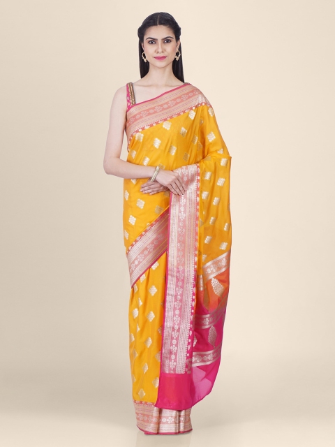 

Shruti and Mangaaysh Yellow & Pink Silk Blend Woven Design Banarasi Saree