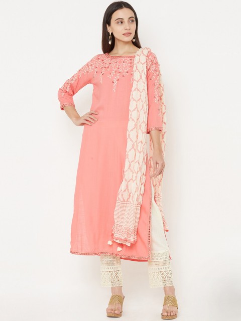 

FASHOR Women Pink & Cream-Coloured Embroidered Kurta with Churidar & Dupatta