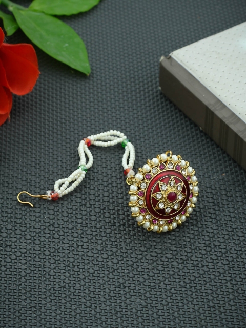 

Imittire Gold-Plated & White Stone-Studded Rajputi Borla Enamelled Maang Tikka