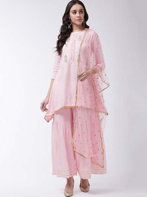 

InWeave Women Pink Embroidered Kurti with Sharara & Dupatta