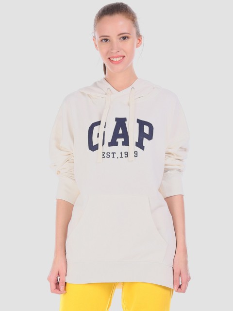 

GAP Women White & Black Printed Hooded Longline Sweatshirt