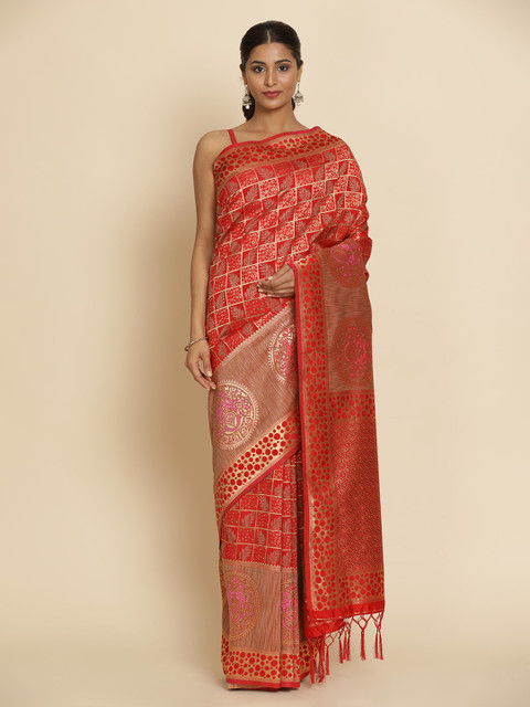 

Koskii Red & Gold-Toned Art Silk Woven Design Saree