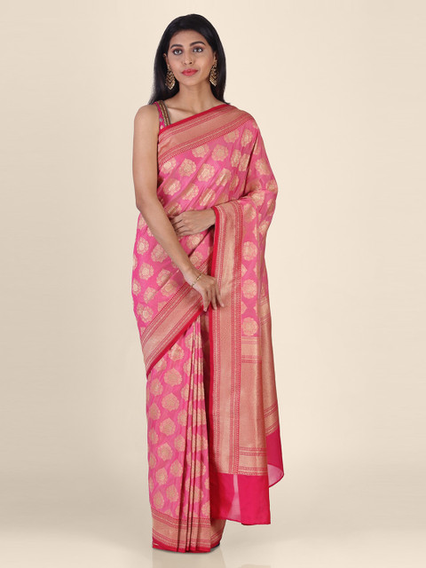 

Shruti and Mangaaysh Pink & Gold-Coloured Silk Blend Woven Design Banarasi Handloom Saree