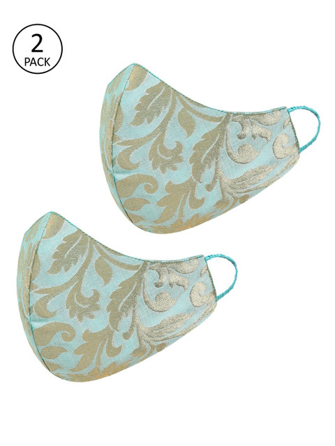 

Tossido Women 2 Pcs Blue & Gold-Coloured Printed Reusable 3-Ply Pure Chanderi Banarasi Protective Outdoor Masks