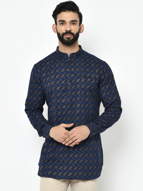 

Vartah Men Navy Blue & Gold-Toned Woven Design A-Line Kurta