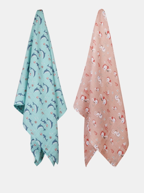 

Kaarpas Infant Kids Pack Of 2 Blue & Pink Printed Organic Muslin Cotton Swaddle
