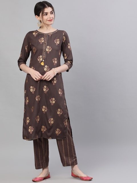 

Ishin Women Brown & Gold-Toned Printed Kurta with Trousers