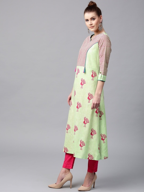 

Tulsattva Women Green Printed Straight Kurta