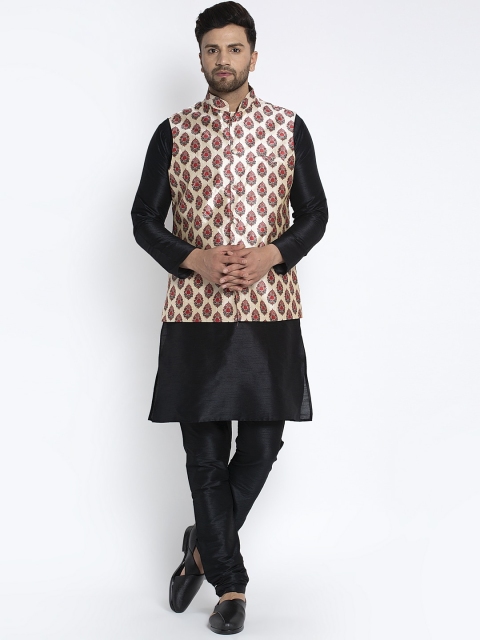 

Benstoke Men Black & Cream-Coloured Solid Kurta with Churidar & Nehru Jacket