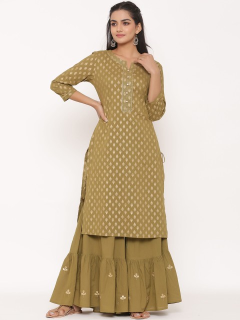 

fabGLOBAL Women Olive Green Printed Kurta with Palazzos