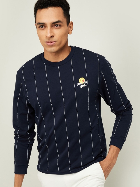 

Smiley World Men Navy Blue Striped Sweatshirt