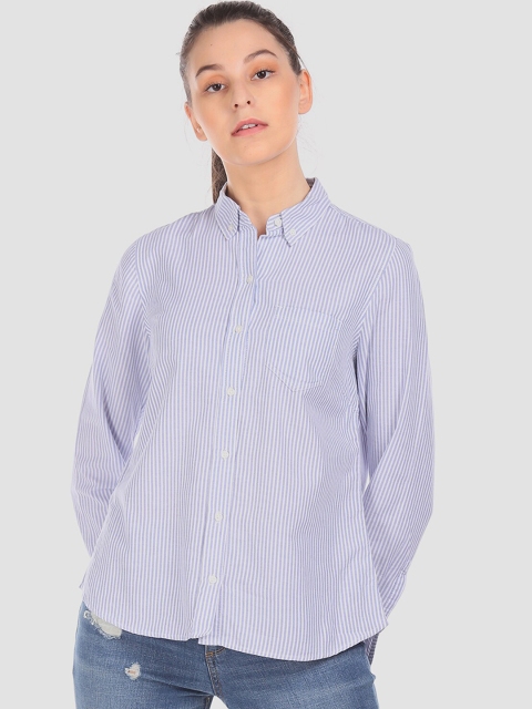 

GAP Women Blue & White Slim Fit Striped Oxford Cotton Casual Shirt