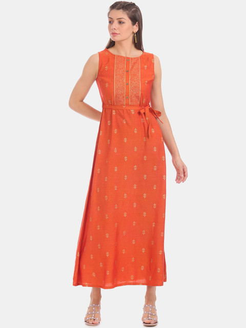 

Karigari Women Orange Printed A-Line Dress